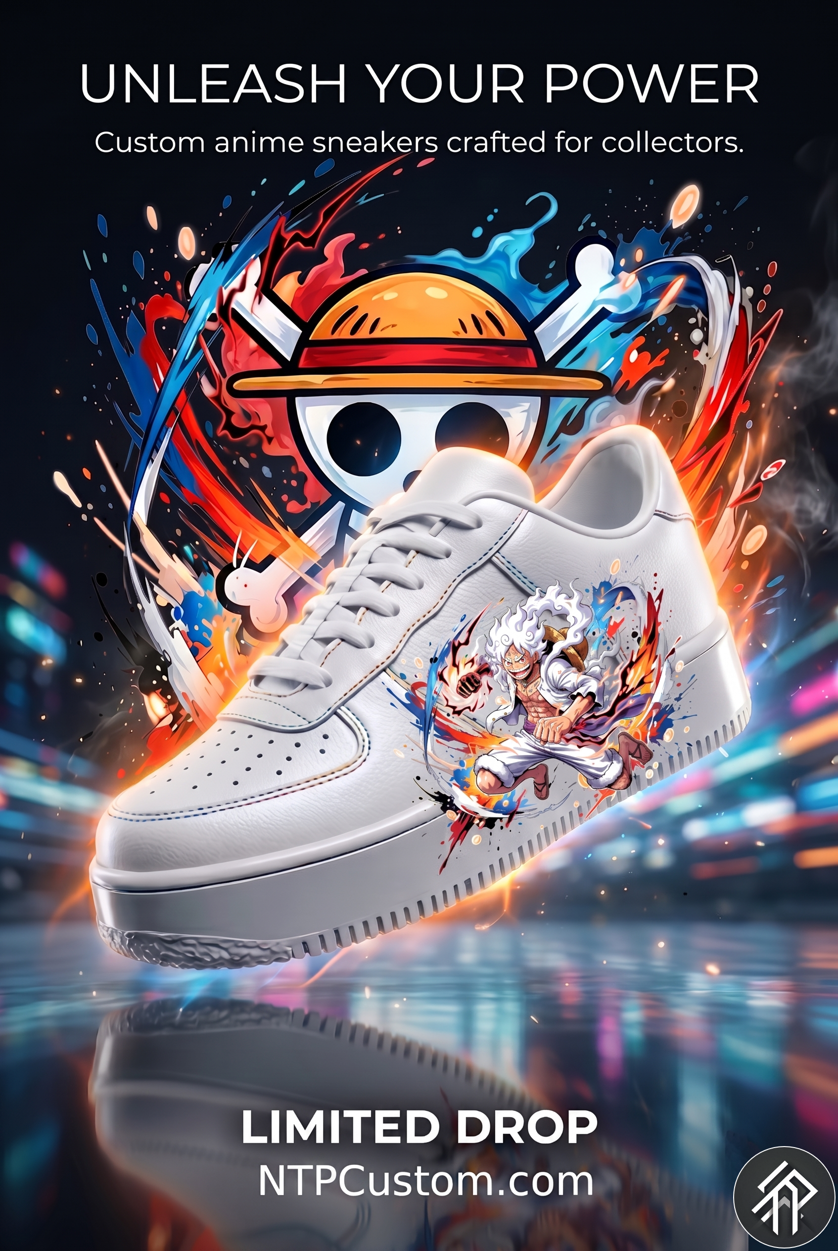 White custom anime sneakers inspired by One Piece with premium handcrafted artwork.